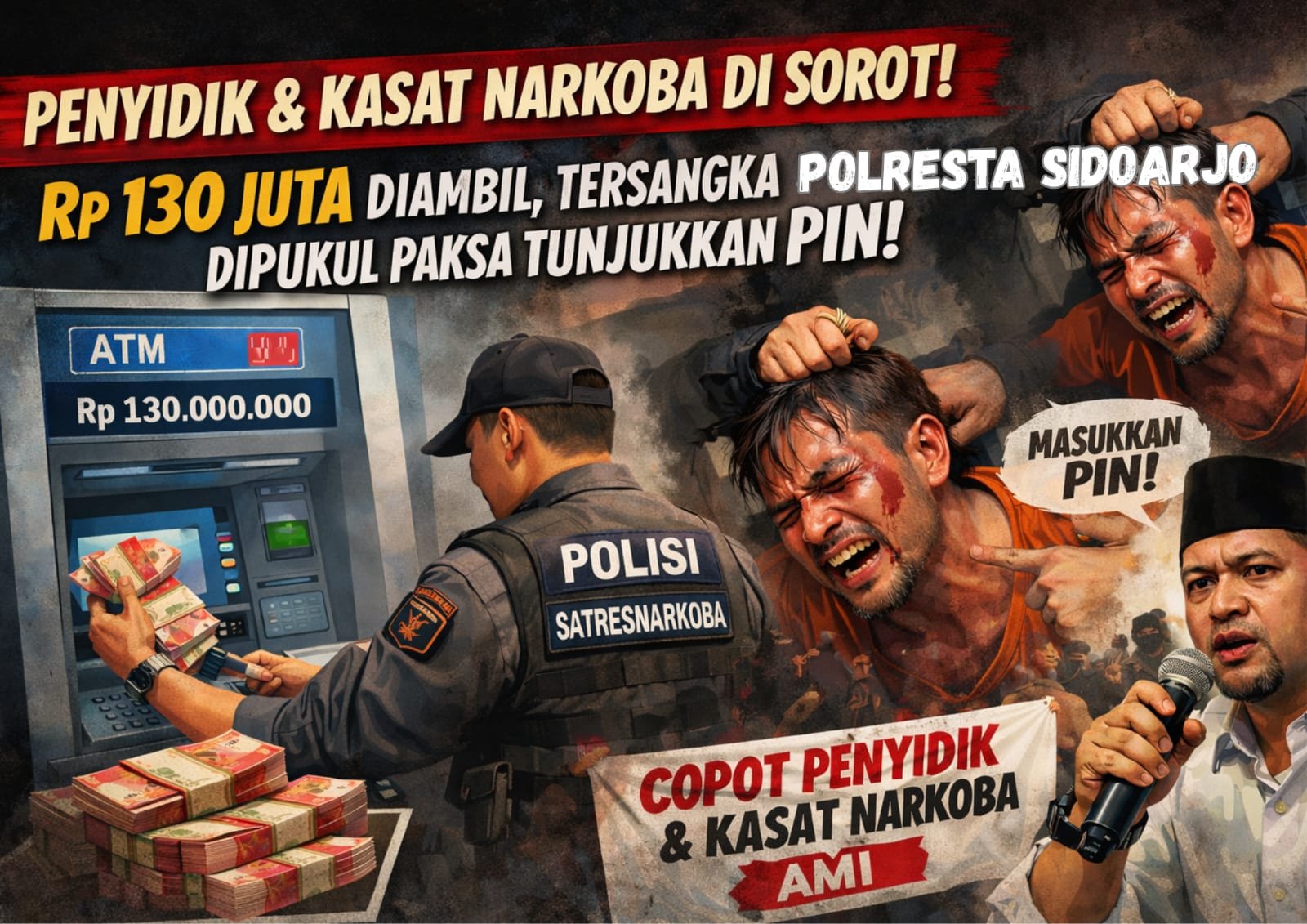 Tersangka Dipukuli dan Dikuras Habis Uang 130 Juta, AMI Desak Kapolda Copot Oknum Penyidik II Sastresnarkoba Polresta Sidoarjo
