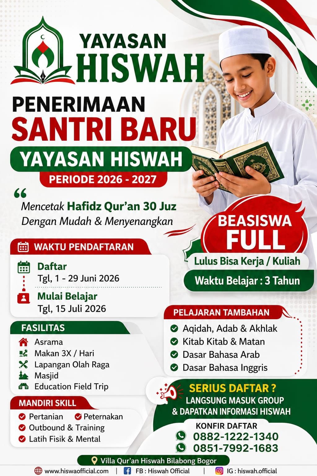 Pendaftaran Santri Baru Dibuka, Yayasan Hiswah Tawarkan Beasiswa Penuh dan Program Tahfidz 30 Juz